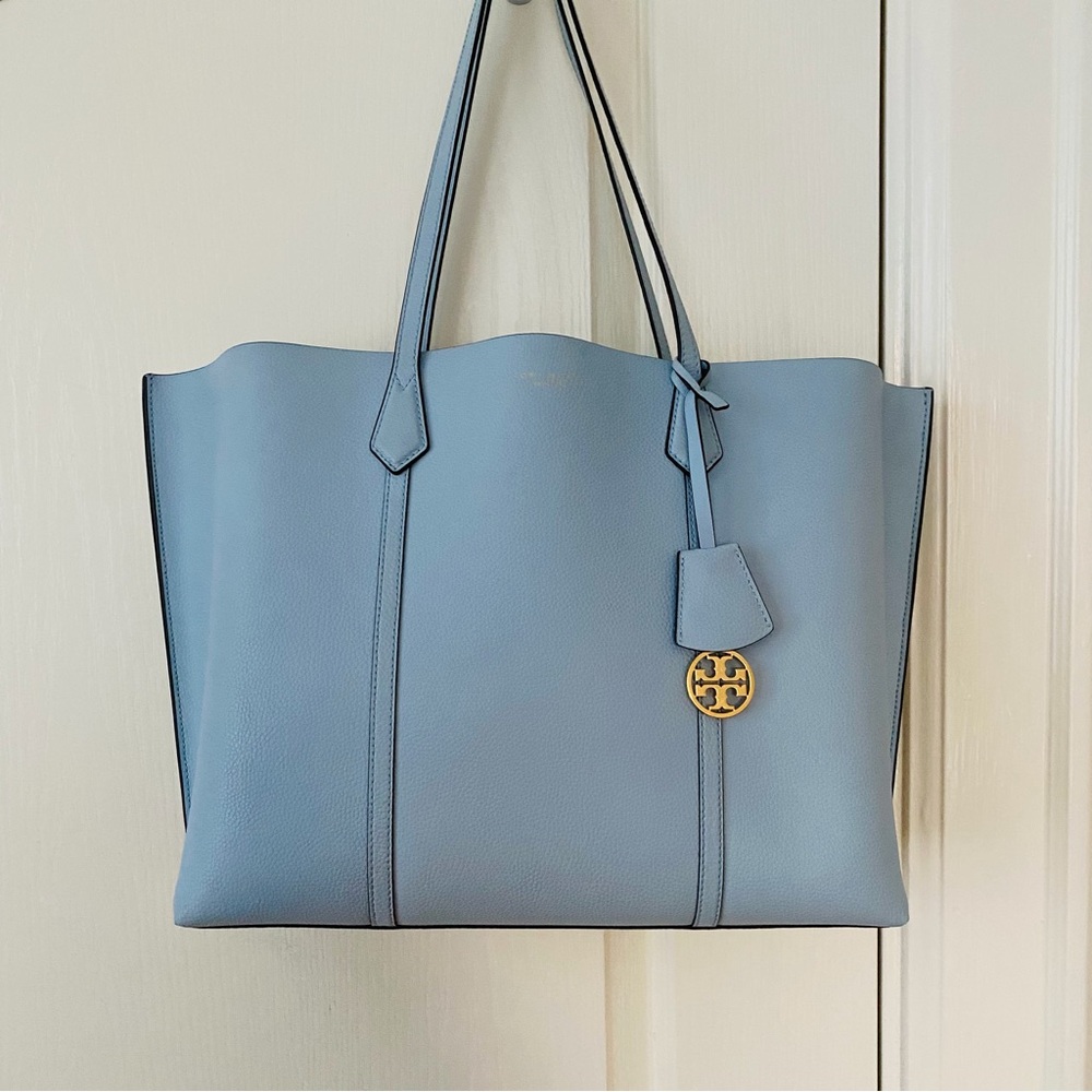 Tory Burch Powder Blue Pebbled Leather Tote with Gold Logo Charm